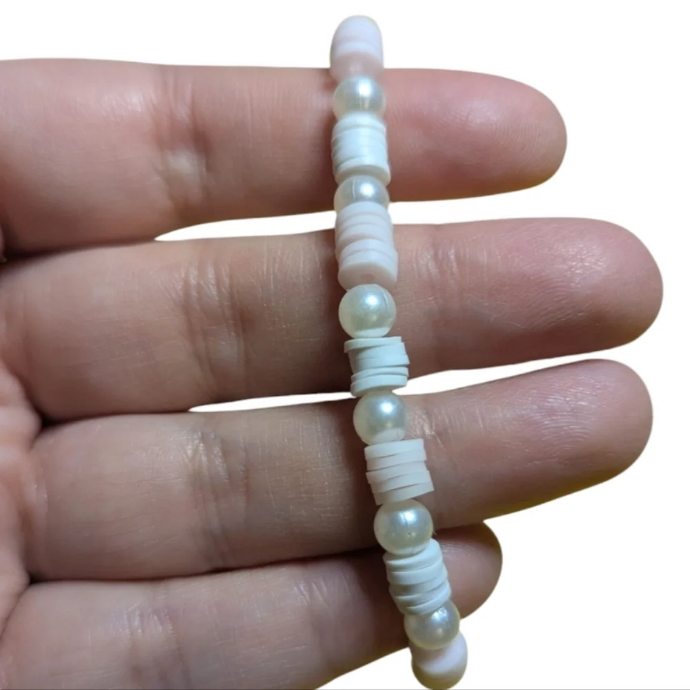 Handmade Beaded Stretch Bracelet Pink White Clay Beads Hand Crafted NEW